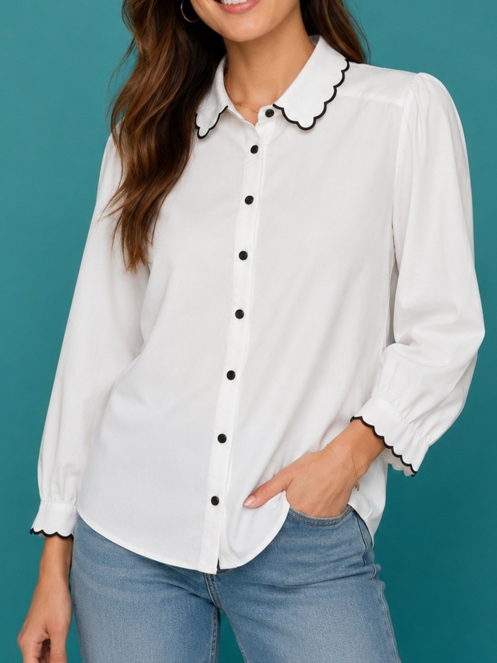 Downeast Cream Scallop Collar Blouse | Black Trim Button Front | Coquette